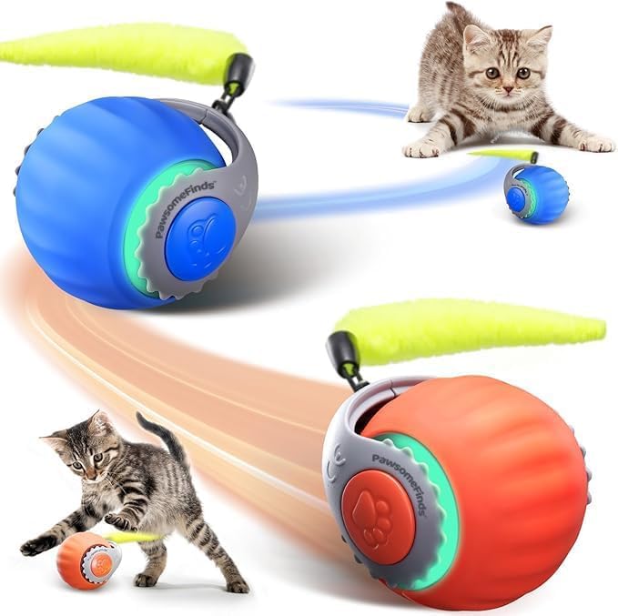 Interactive Cat Toy 2-Pack - Smart Automatic Rechargeable Moving Ball with Tail for Bored Indoor Cats (Orange & Blue)