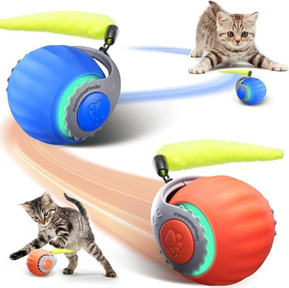 Interactive Cat Toy 2-Pack - Smart Automatic Rechargeable Moving Ball with Tail for Bored Indoor Cats (Orange & Blue)