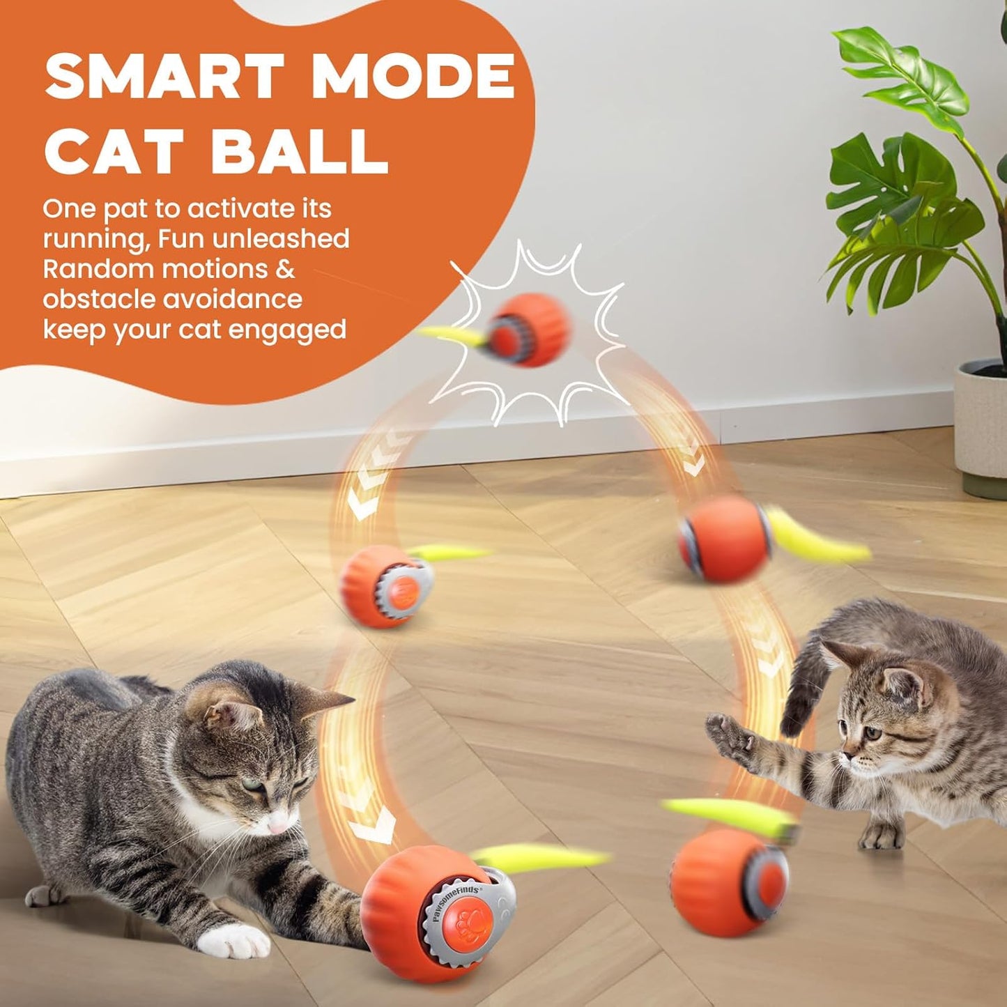 Interactive Cat Toy 2-Pack - Smart Automatic Rechargeable Moving Ball with Tail for Bored Indoor Cats (Orange & Blue)